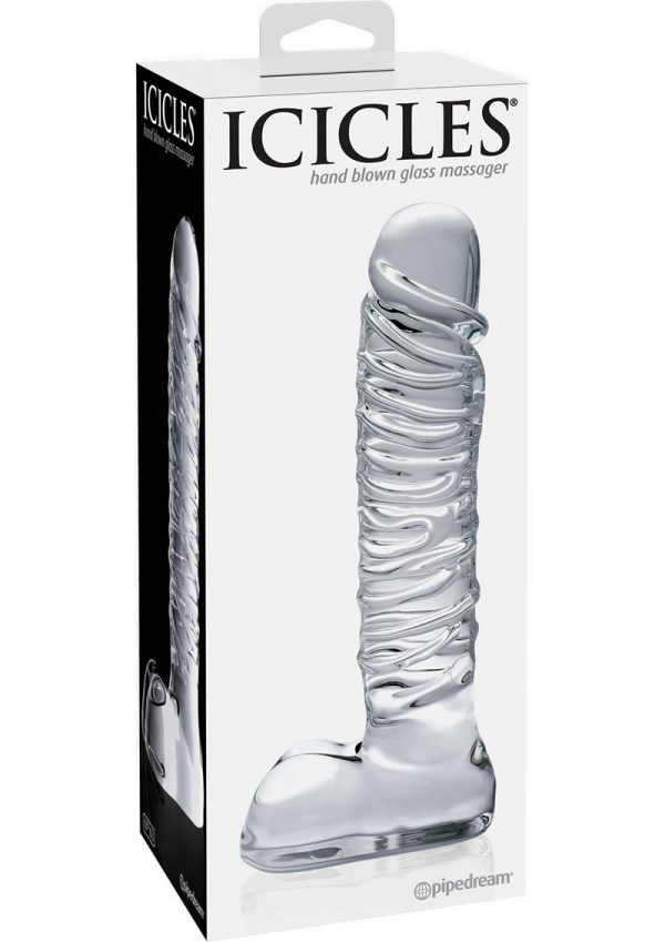 Icicles No 63 Textured Glass Dildo With Balls Clear 8.5 Inch