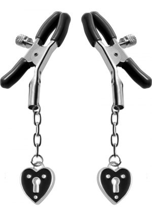 Master Series Platinum Bound Charmed Heart Padlock Nipple Clamps