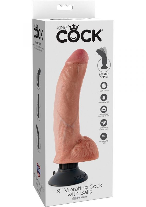 King Cock Vibrating Realistic Dildo With Balls Waterproof Flesh 9 Inch