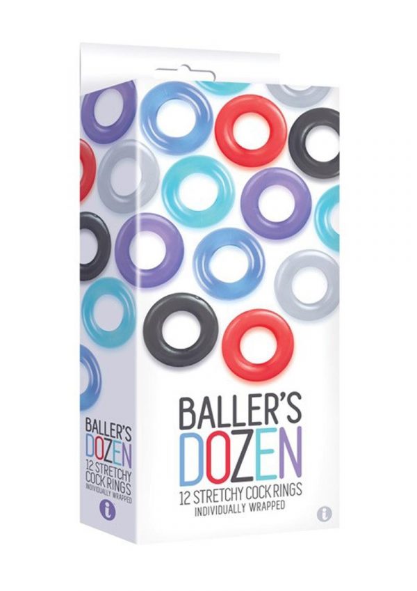 The 9`s Baller`s Dozen Cock Rings Assorted Colors 12 Individually Wrapped Per Box