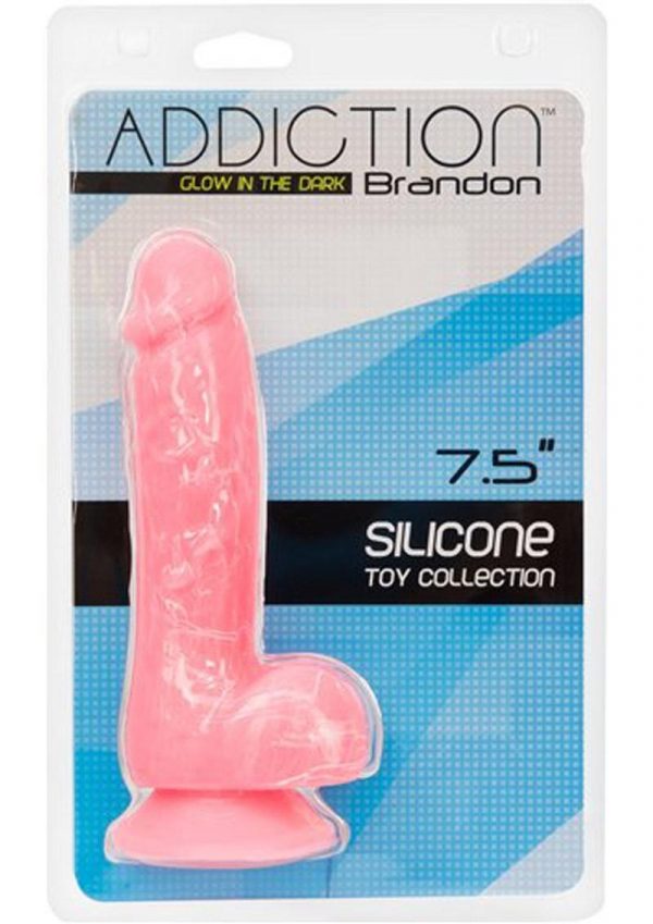 Addiction Toy Collection Brandon Silicone Realistic Dildo With Balls Glow In The Dark Pink 7.5 Inch