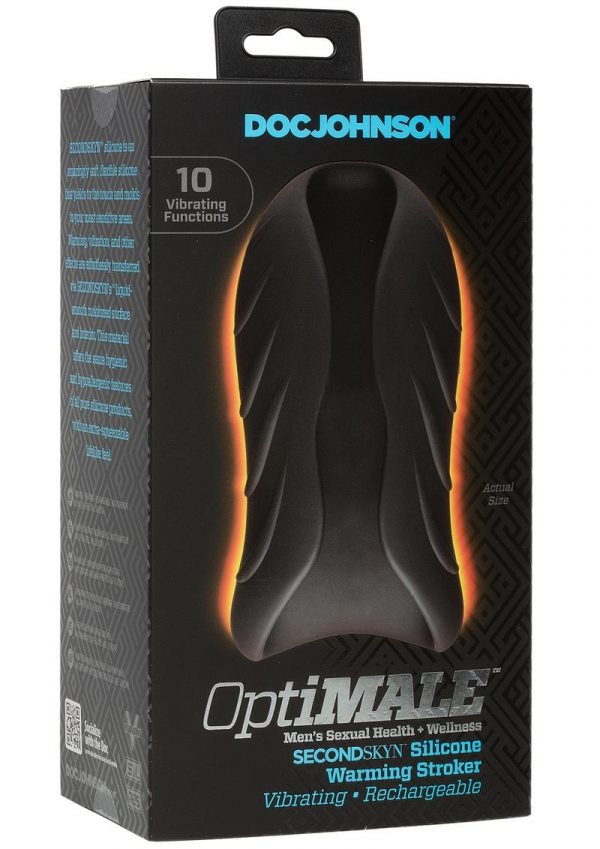 OptiMale Secondskyn Silicone Warming Stroker Vibrating USB Rechargeable Masturbator Black 5.5 Inch