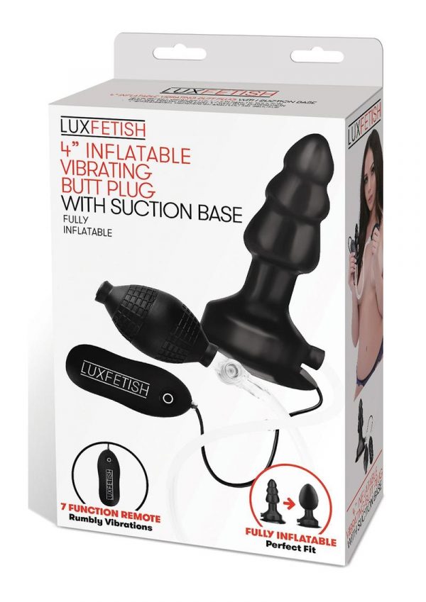 Lux Fetish Inflatable Vibrating Butt Plug With Suction Base And Wired Remote Control Black 4 Inches