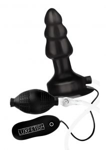 Lux Fetish Inflatable Vibrating Butt Plug With Suction Base And Wired Remote Control Black 4 Inches