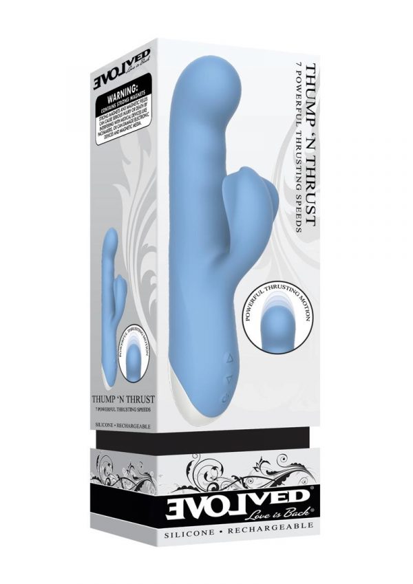 Thump andamp; Thrust Rechargeable Silicone Vibrator With Clitoral Stimulator - Blue