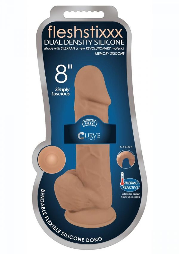 FleshStixxx Dual Density Silicone Bendable Dong With Balls 8in - Caramel