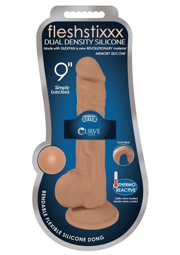 FleshStixxx Dual Density Silicone Bendable Dong With Balls 9in - Caramel