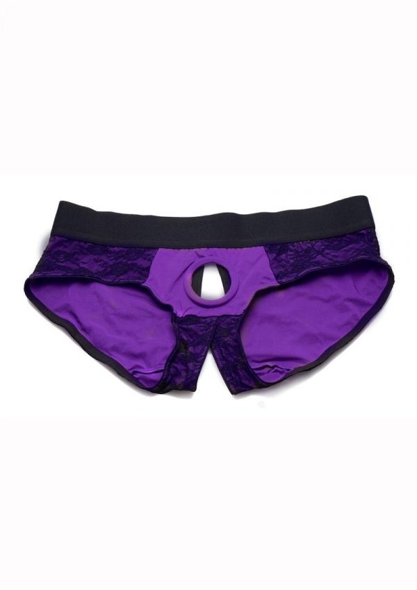 Strap U Lace Envy Lace Crotchless Panty Harness - Small/Medium - Purple/Black