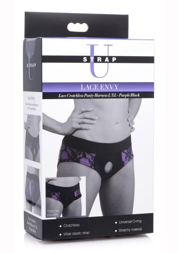 Strap U Lace Envy Lace Crotchless Panty Harness - Large/XLarge - Purple/Black