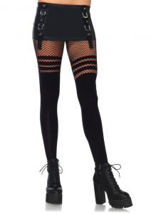 Leg Avenue Seamless Opaque Faux Thigh High Pantyhose With Striped Fishnet Thigh - O/S - Black