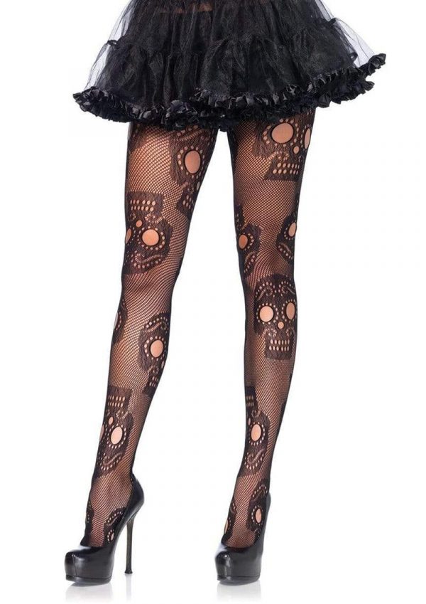 Leg Avenue Sugar Skull Net Pantyhose - 1X-2X - Black