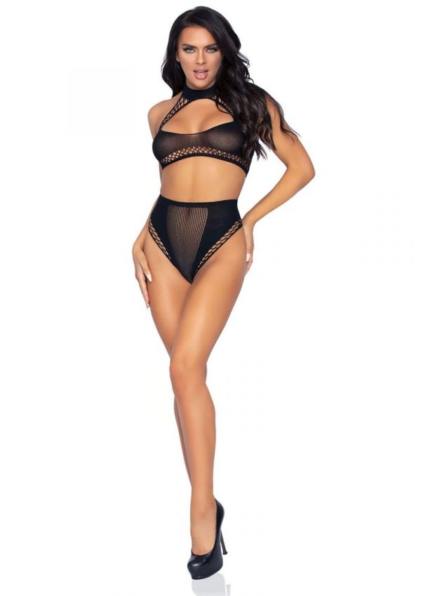 Leg Avenue Keyhole Net Halter Crop Top And High Waist Bottoms (2 Piece) - O/S - Black