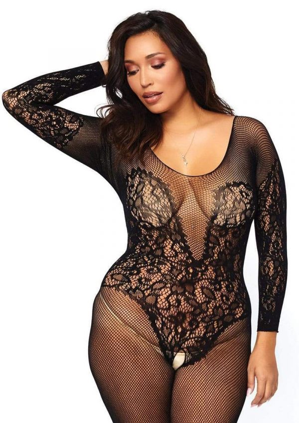 Leg Avenue Vine Lace And Net Long Sleeved Bodystocking - Plus Size - Black