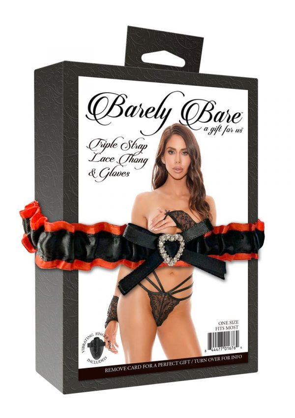 Barely Bare Triple Strap Lace Thong andamp; Gloves 2pc - O/S - Black