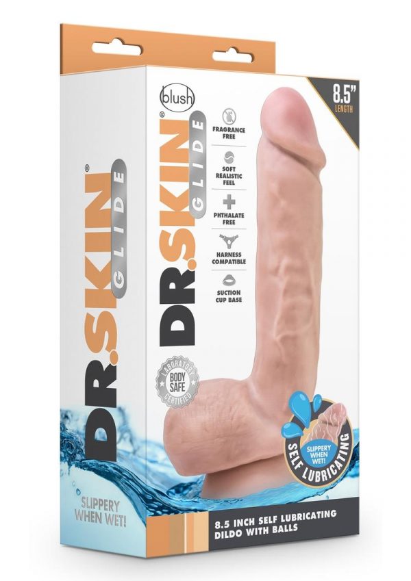 Dr. Skin Glide Self Lubricating Dildo With Balls 8.5in - Vanilla