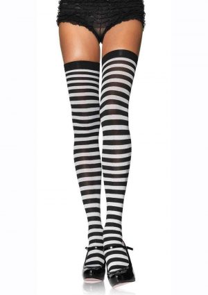 Leg Avenue Plus Size Nylon Stocking with Stripe - 1X-2X - Black/White