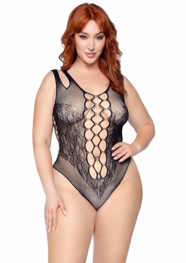 Leg Avenue Seamless Net Lace Bodysuit with Dual Shoulder Straps and Cheeky Cut Bottom - 1X/2X - Black