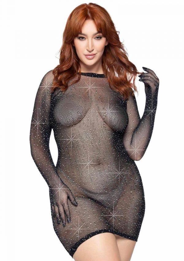 Rhinestone Fishnet Gloved Mini Dress - 1X-2X - Black