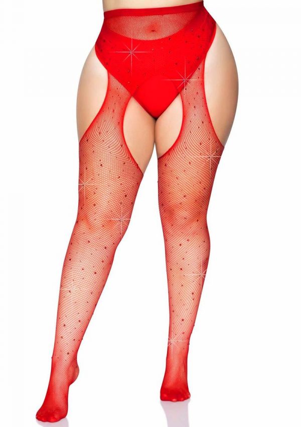 Leg Avenue Crystalized Fishnet Suspender Pantyhose - 1X/2X - Red