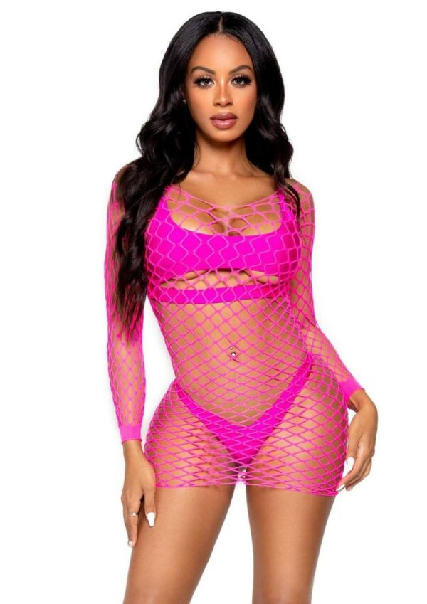 Leg Avenue Supreme Fence Net Long Sleeved Mini Dress - O/S - Neon Pink