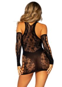 Leg Avenue Lace and Net Racer Back Mini Dress with Faux Panty Detail and Matching Gloves - O/S - Black