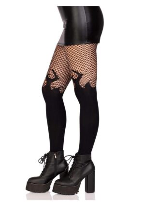Leg Avenue Opaque Flame Tights with Fishnet Top - O/S - Black