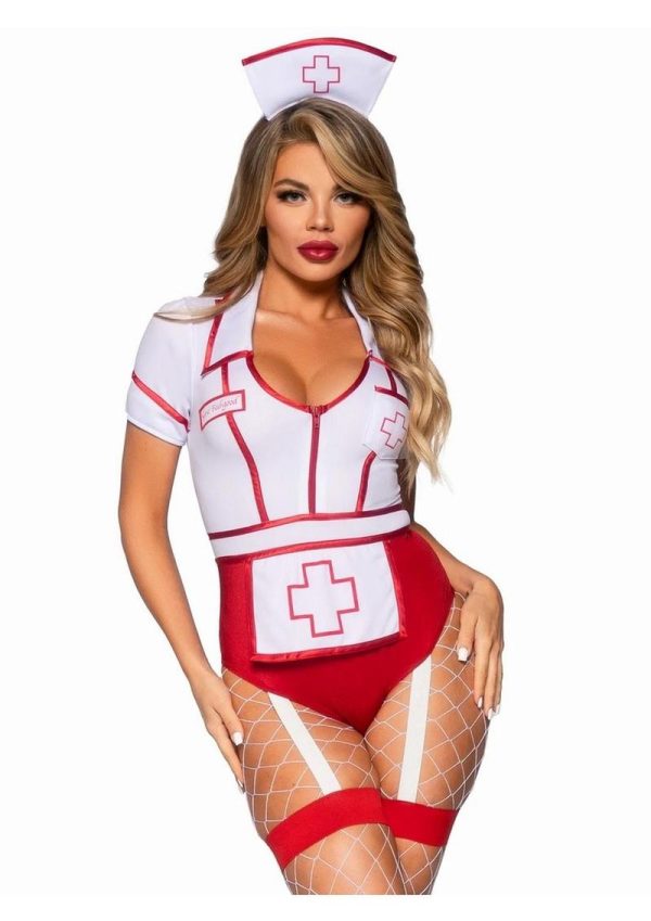 Leg Avenue Nurse Feelgood Snap Crotch Garter Bodysuit with Attached Apron and Hat Headband (2 Piece) - Small - Red/White