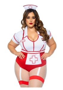 Leg Avenue Nurse Feelgood Snap Crotch Garter Bodysuit with Attached Apron and Hat Headband (2 Piece) - 1X/2X - Red/White