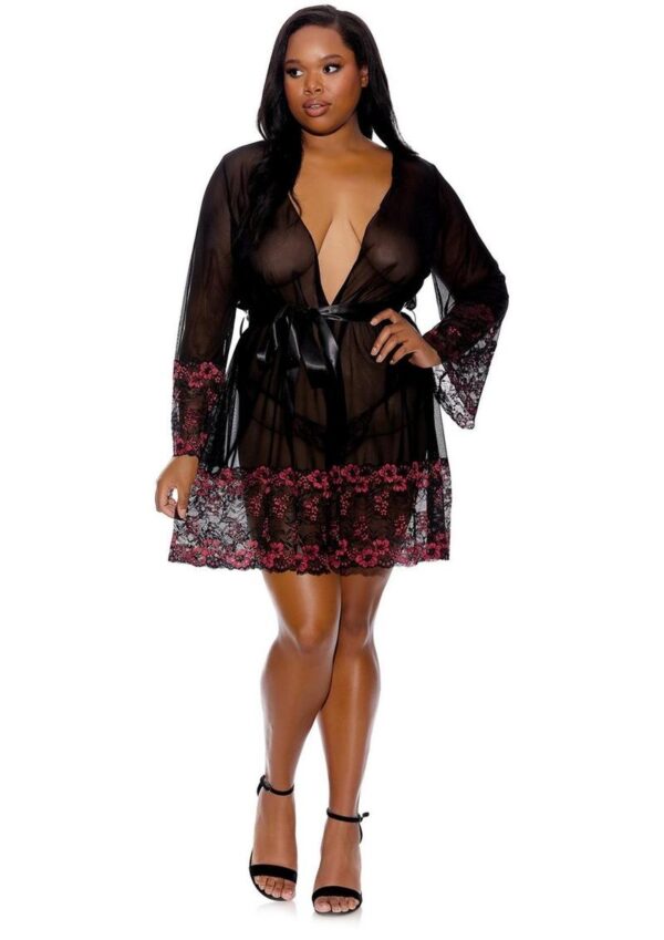 Barely Bare Lace Trim Sheer Robe - Plus Size - Black