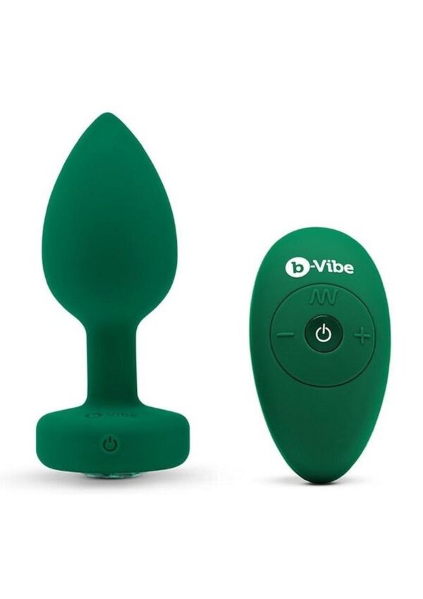 B-Vibe Vibrating Jewel Plug Rechargeable Silicone Anal Plug with Remote - Medium/Large - Emerald Green