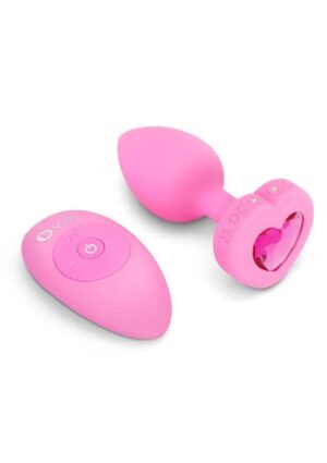 B-Vibe Vibrating Heart Shape Jewel Rechargeable Silicone Anal Plug with Remote - Small/Medium - Pink