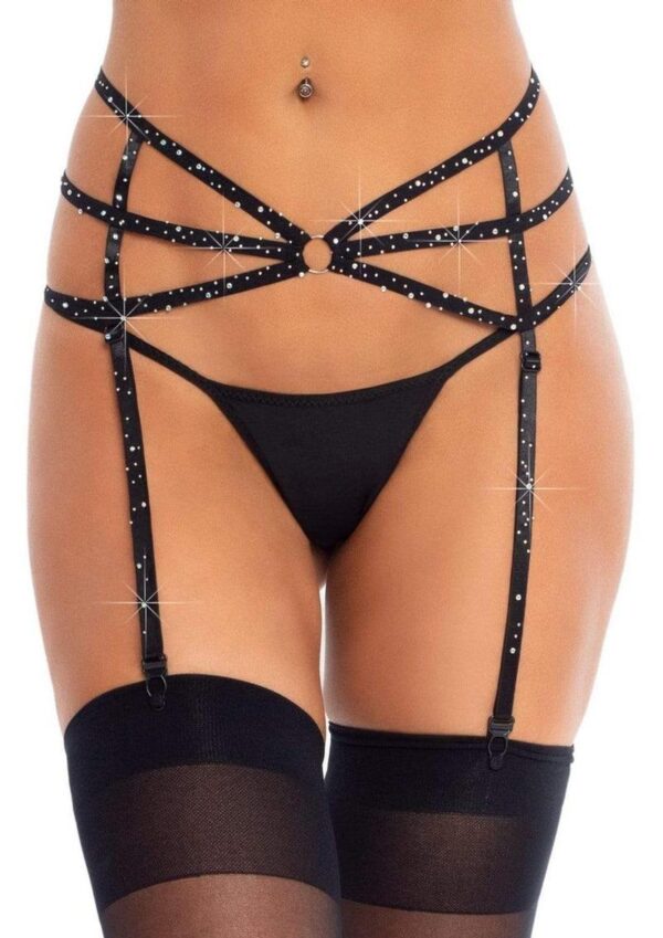 Leg Avenue - Strappy Elastic Rhinestone Garter Belt with O-Ring Detail - O/S - Black