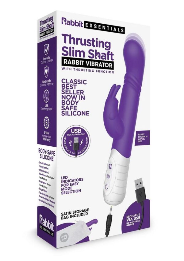 Rabbit Essentials Silicone Rechargeable Slim Shaft Thrusting G-Spot Rabbit Vibrator - Purple