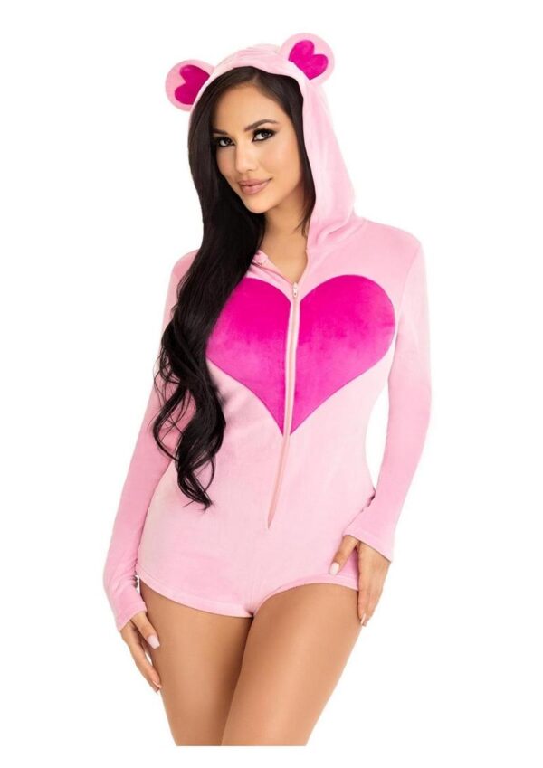 Leg Avenue Sweetheart Bear Velvet Zip Up Romper with Heart Accent - XSmall - Pink