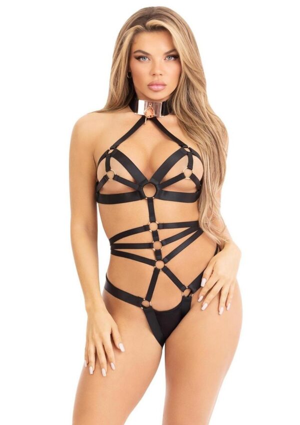 Leg Avenue Satin Elastic O-Ring Crotchless Teddy with Adjustable Straps and Rose Gold Lock and Key Choker - O/S - Black