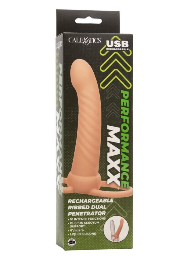 Performance Maxx Rechargeable Silicone Ribbed Dual Penetrator Extender - Vanilla