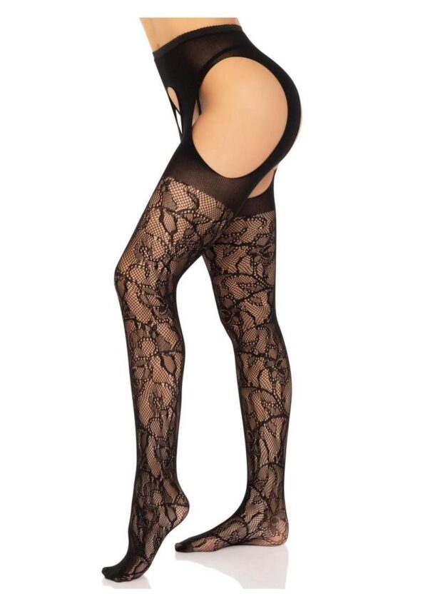 Leg Avenue Eyelet Rose Suspender Hose - O/S - Black