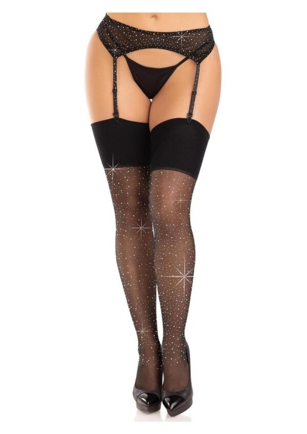 Leg Avenue Wide Top Rhinestone Spandex Sheer Stockings - O/S - Black