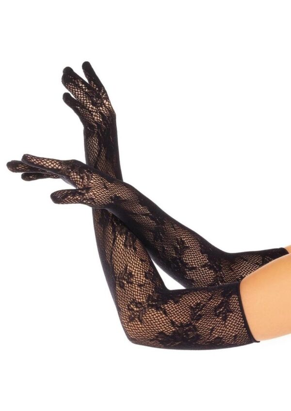 Leg Avenue Seamless Opera Length Floral Net Gloves - O/S - Black