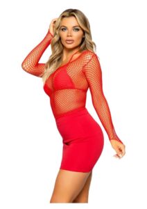 Leg Avenue Lycra Industrial Fishnet Long Sleeve T-Shirt - O/S - Red