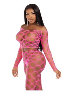 Leg Avenue Hardcore Net Crop Top and Footless Tights (2 Piece) - O/S - Neon Pink