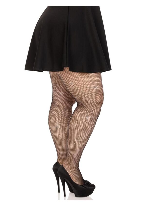 Leg Avenue Fishnet Crystalized Tights with Multi Sized Iridescent Rhinestones - Plus Size - Black