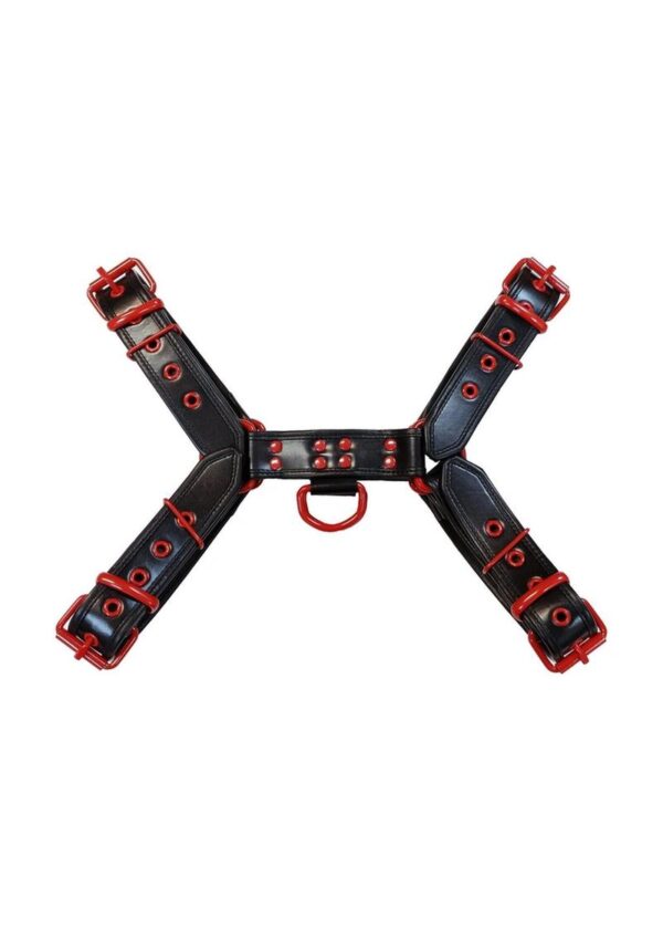 Rouge Leather Over The Head Harness Black with Red Accessories - XLarge