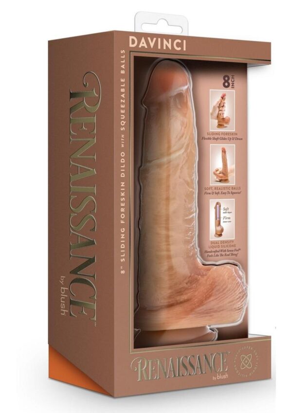 Renaissance Davinci Silicone Sliding Foreskin Dildo with Squeezable Balls 8in - Caramel