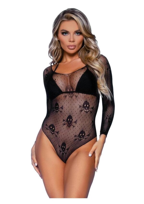 Leg Avenue Micro Net Snap Crotch Skull Bodysuit - O/S - Black