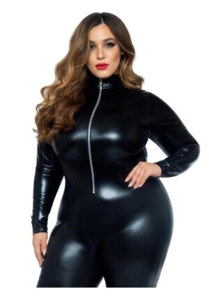 Leg Avenue Lame Zipper Front Cat Suit - 3X/4X - Black