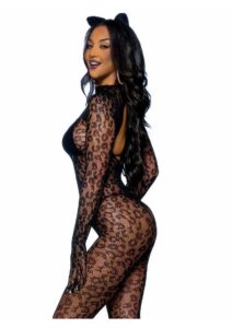 Leg Avenue Seamless Leopard Net Gloved Catsuit - O/S - Black