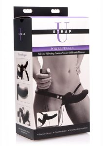 Strap U Power Pegger Silicone Vibrating Double Pleasure 6.5in Dildo with Harness and Wired Remote Control - Black