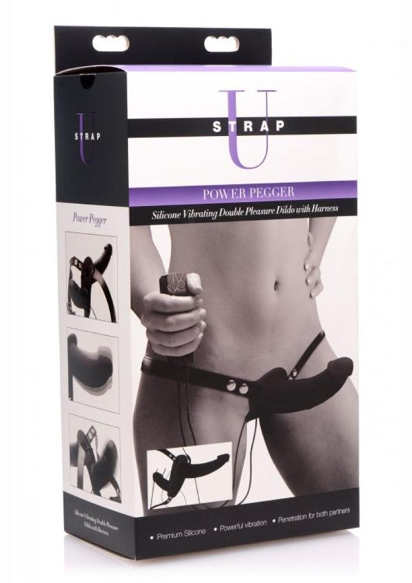 Strap U Power Pegger Silicone Vibrating Double Pleasure 6.5in Dildo with Harness and Wired Remote Control - Black