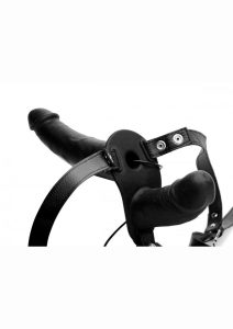 Strap U Power Pegger Silicone Vibrating Double Pleasure 6.5in Dildo with Harness and Wired Remote Control - Black